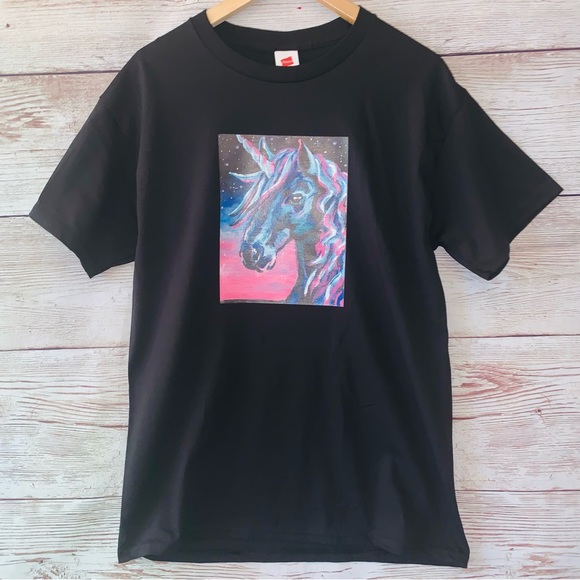 New Pastel Fantasy Unicorn Black Short Sleeves Tee Unisex Shirt Size Medium - Picture 1 of 5